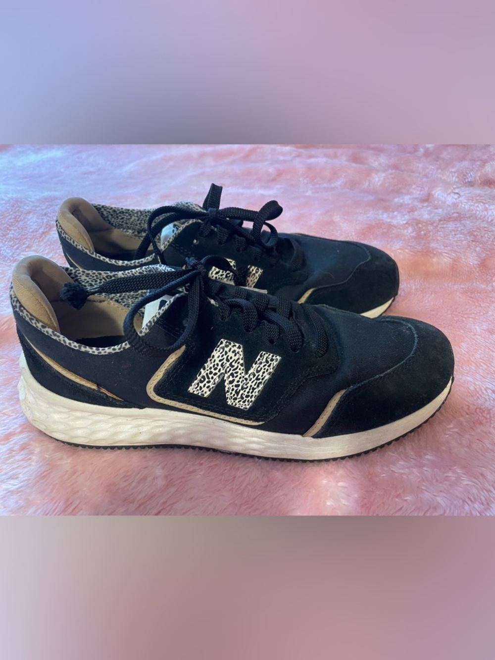 New Balance Black Sneakers with Grey Leopard Print Collar